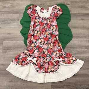 Vintage Kole Kole Hawaii Girls 6X Floral Puff Sleeve Lace Muumuu Midi Maxi Dress